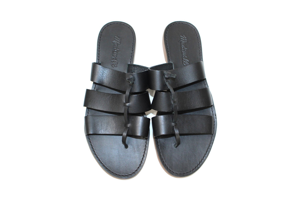 Madewell Black Leather Sandals Size 6.5 Open Toe Fisherman Flat Slip On